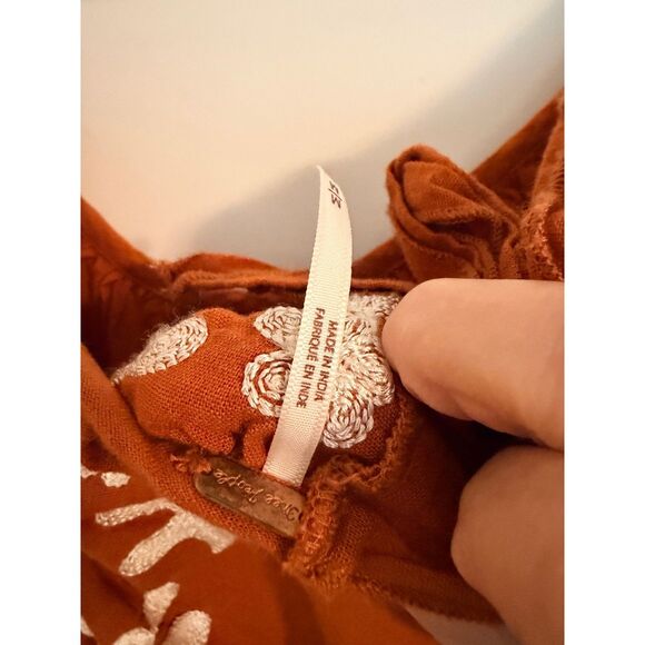 Free People Mini Dress Women Size M Rust Embroidered Puff Sleeve Open Back Boho - Picture 6 of 8